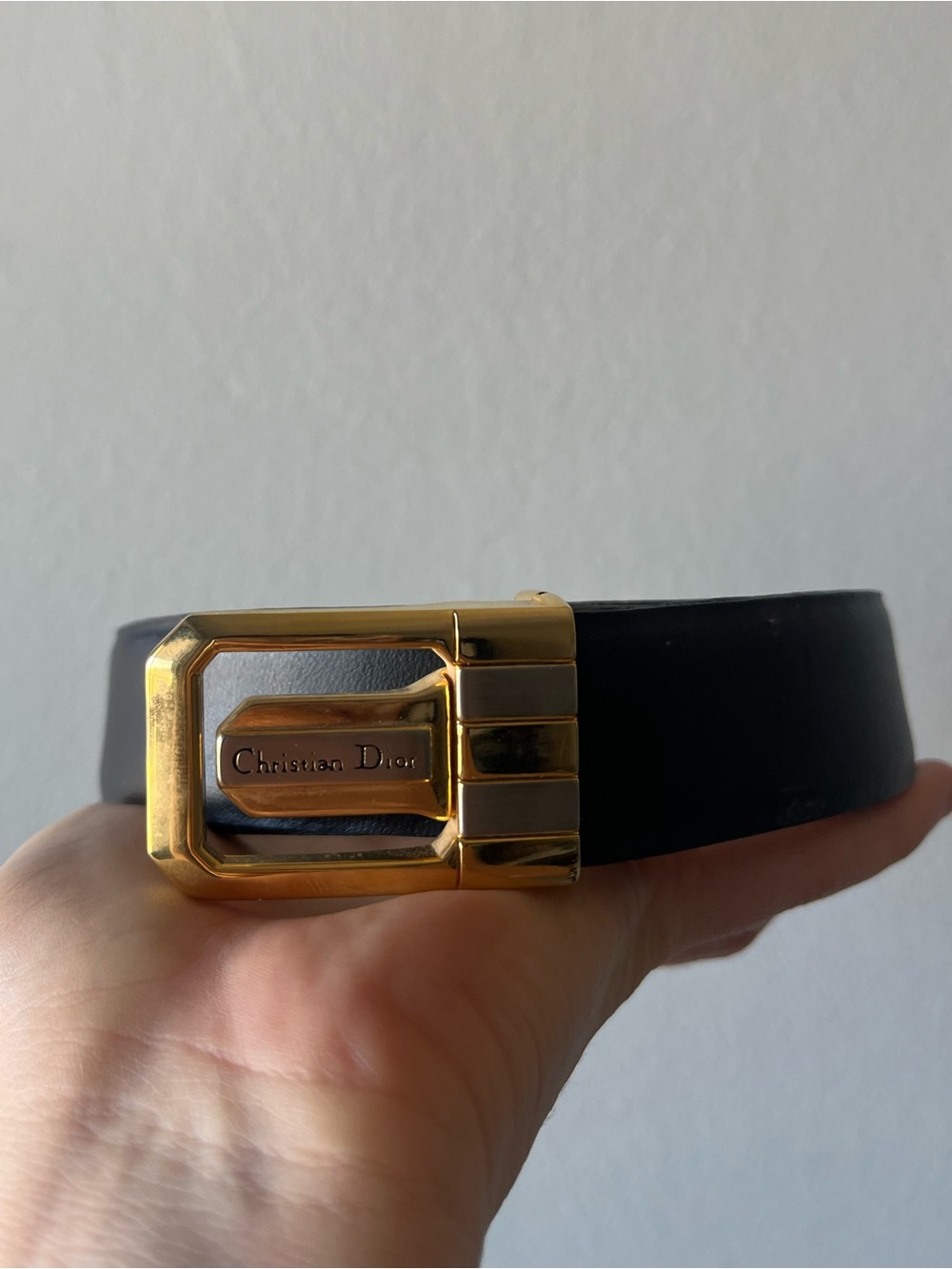 Dior Men’s Black Leather Belt with Gold-Tone Signature Buckle size 36